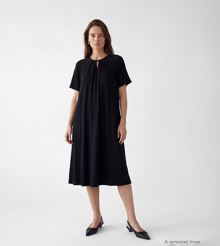 Keyhole Ruched Raglan Short Sleeves A-Line Dress