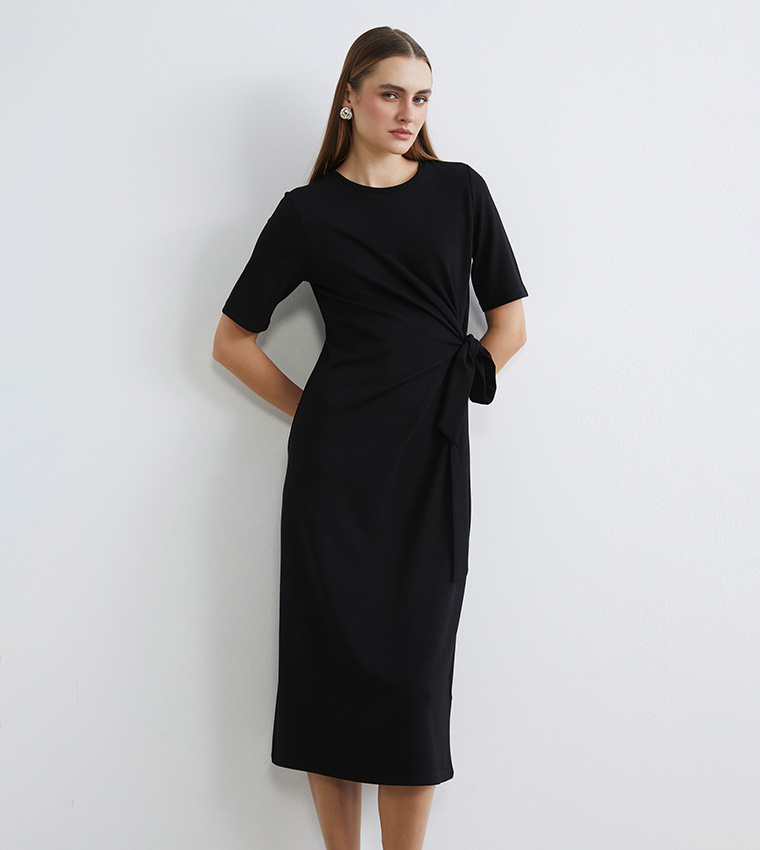 Solid Short Sleeves Midi Dress
