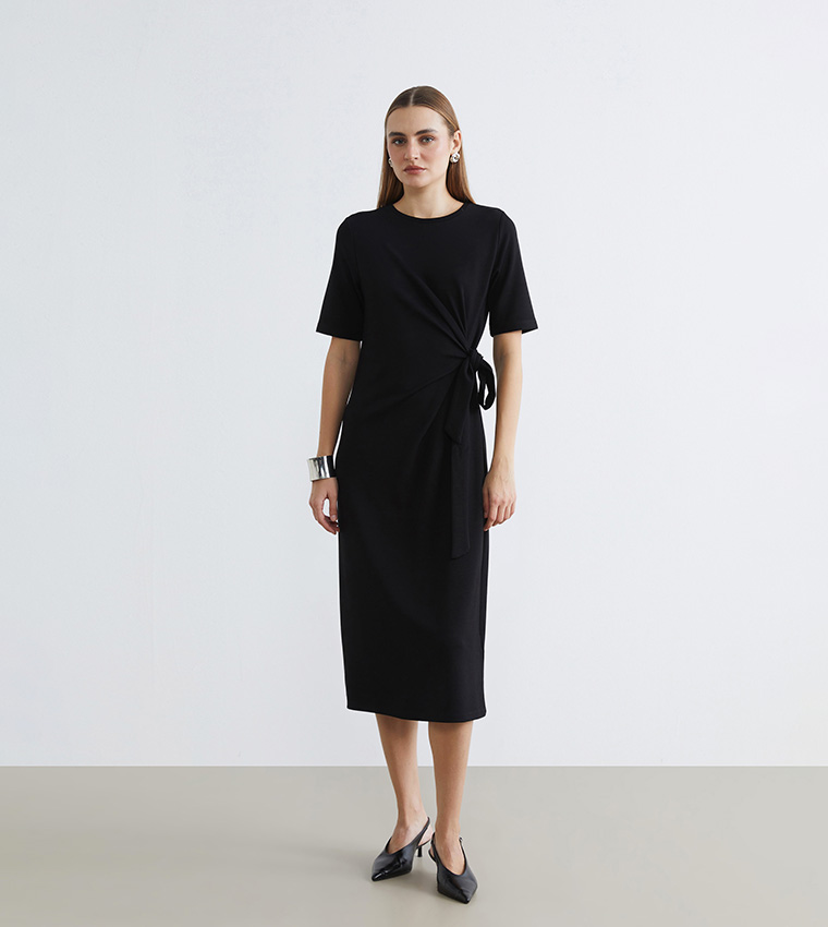 Solid Short Sleeves Midi Dress