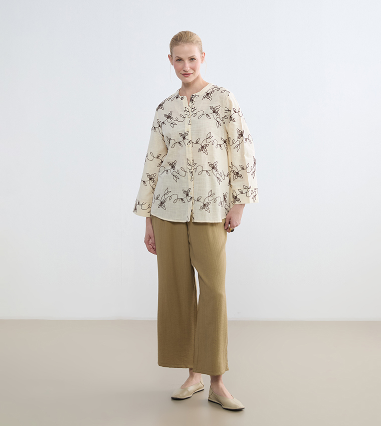 Embroidered Long Sleeves Linen-Look Tunic