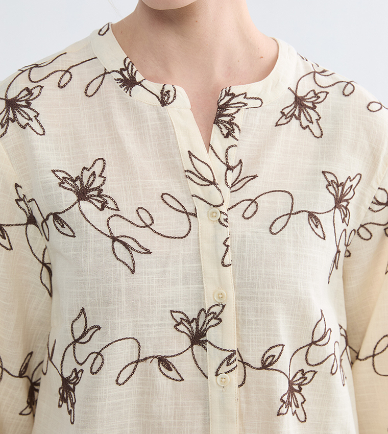 Embroidered Long Sleeves Linen-Look Tunic