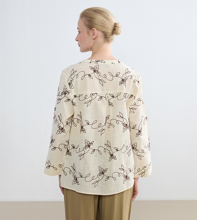 Embroidered Long Sleeves Linen-Look Tunic