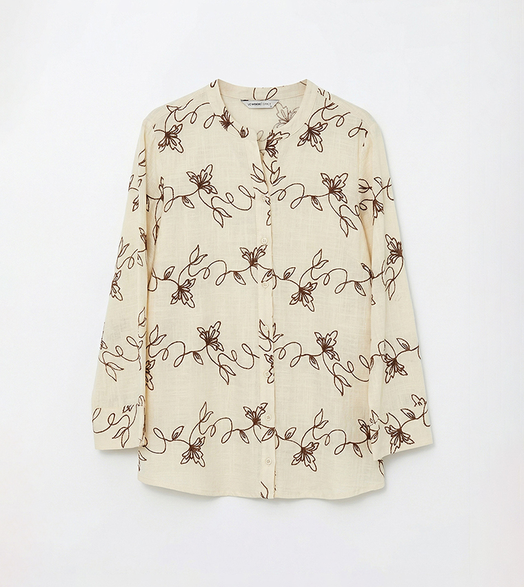 Embroidered Long Sleeves Linen-Look Tunic