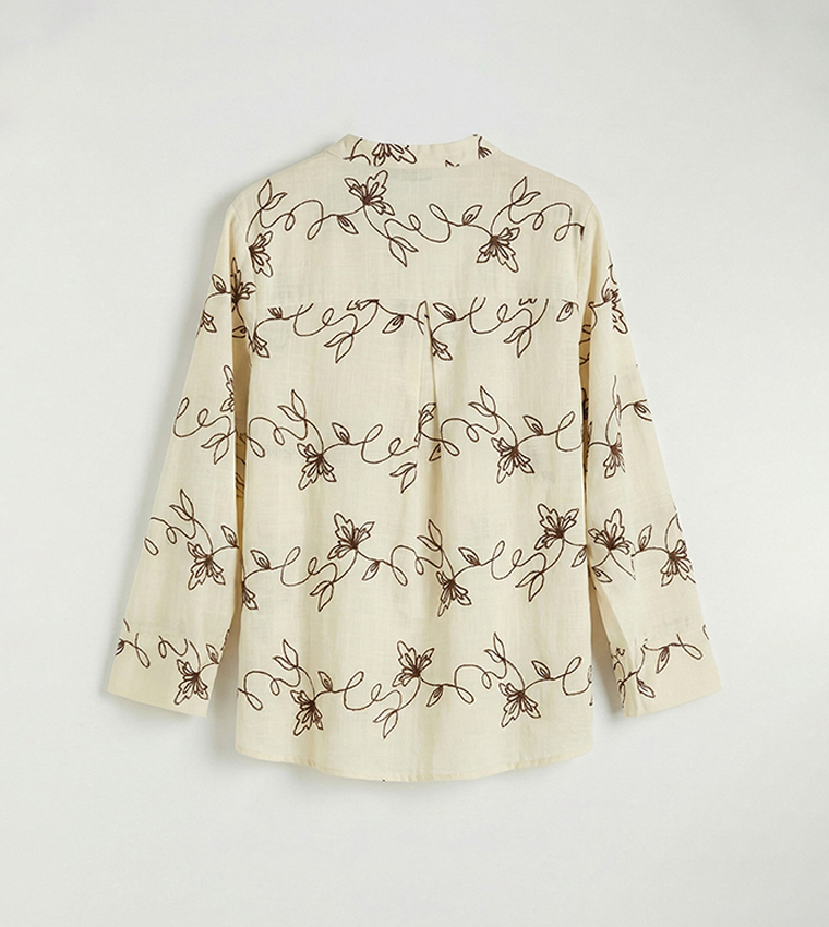 Embroidered Long Sleeves Linen-Look Tunic