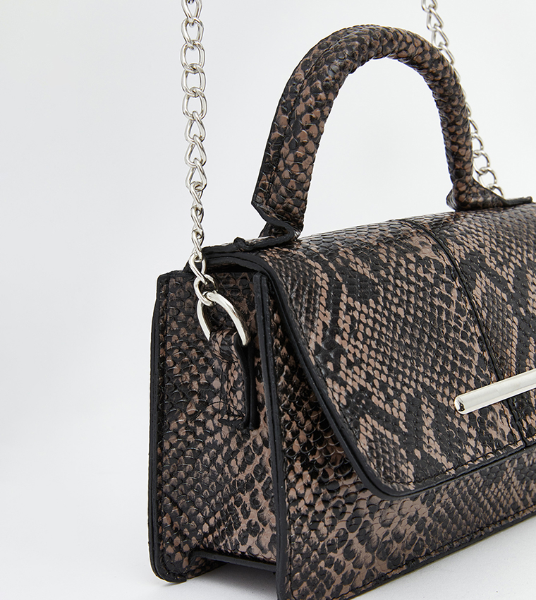 Snakeskin Flap Top-Handle Bag with Chain Strap