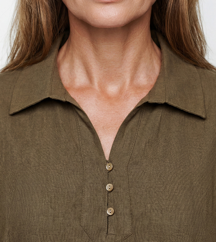 Textured Shirt Collar Midi Dress
