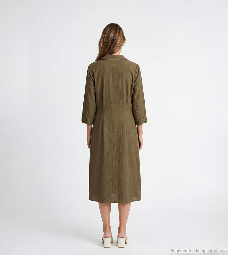 Textured Shirt Collar Midi Dress
