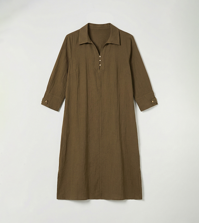Textured Shirt Collar Midi Dress