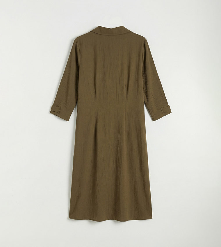 Textured Shirt Collar Midi Dress