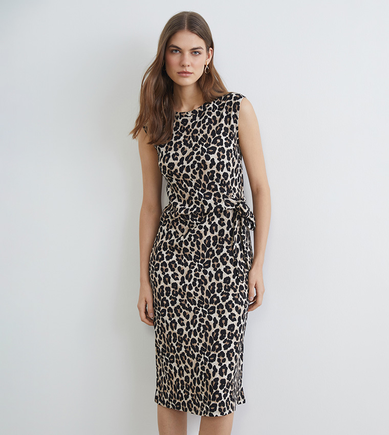 Leopard Print Sleeveless Midi Dress