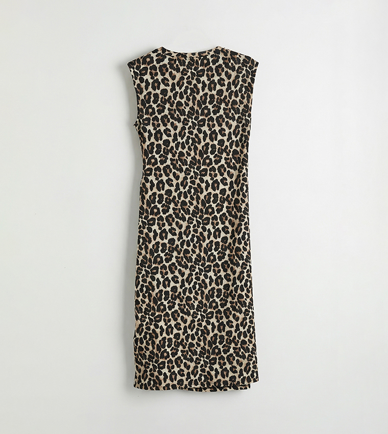 Leopard Print Sleeveless Midi Dress