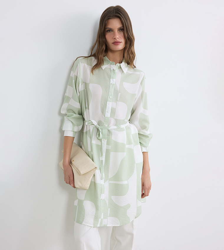 Abstract Print Belted Long Sleeves Tunic