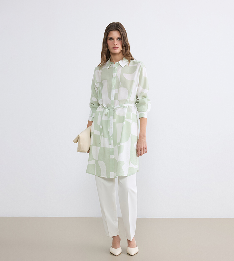 Abstract Print Belted Long Sleeves Tunic
