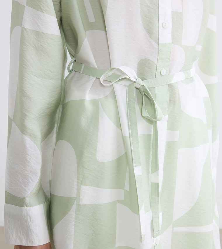 Abstract Print Belted Long Sleeves Tunic
