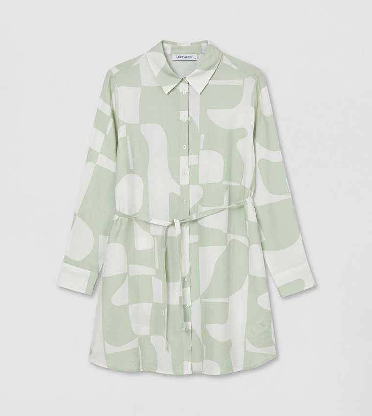 Abstract Print Belted Long Sleeves Tunic