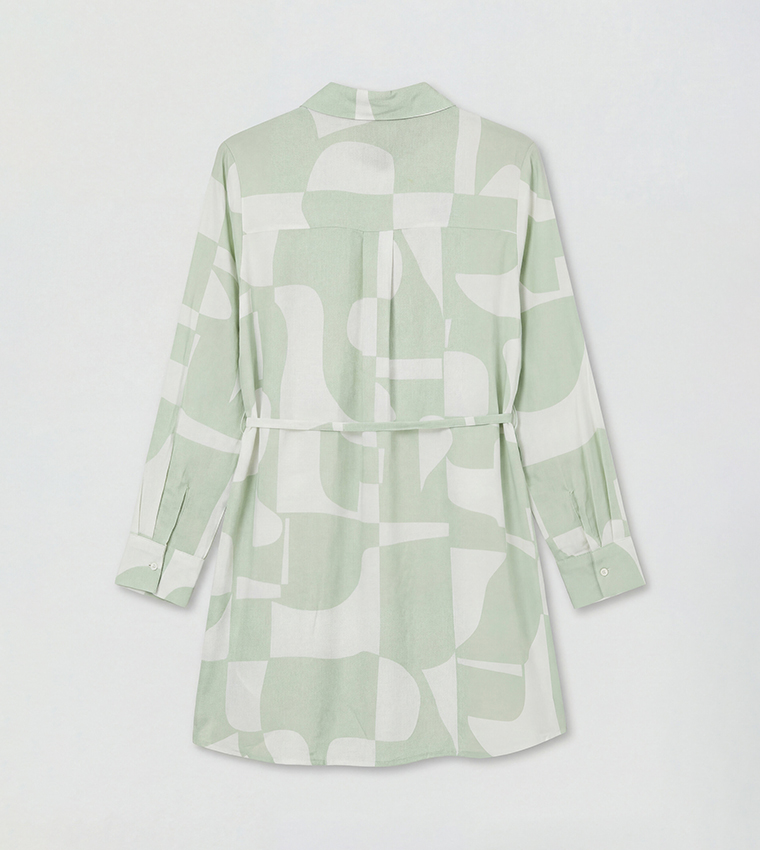 Abstract Print Belted Long Sleeves Tunic