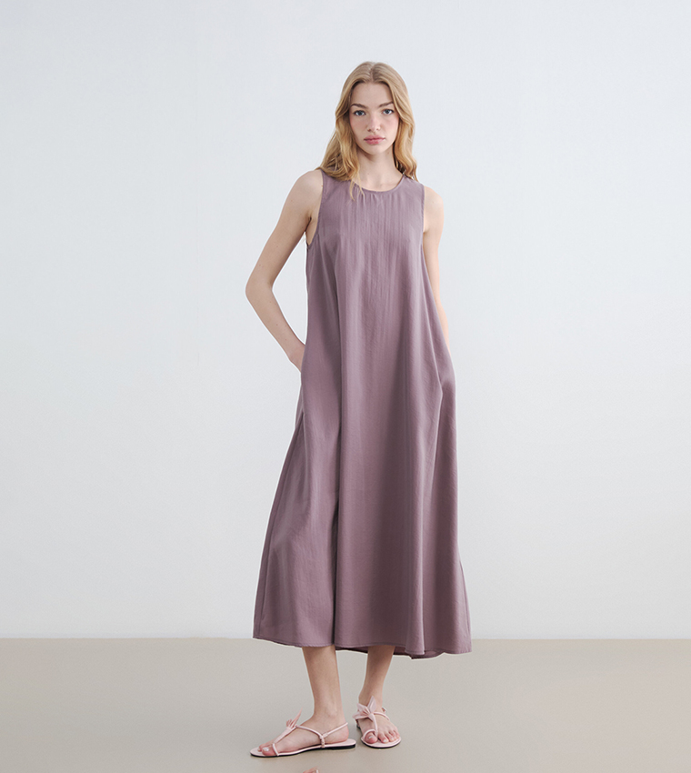 Pocket Detail Sleeveless Crew Neck A-Line Midi Dress