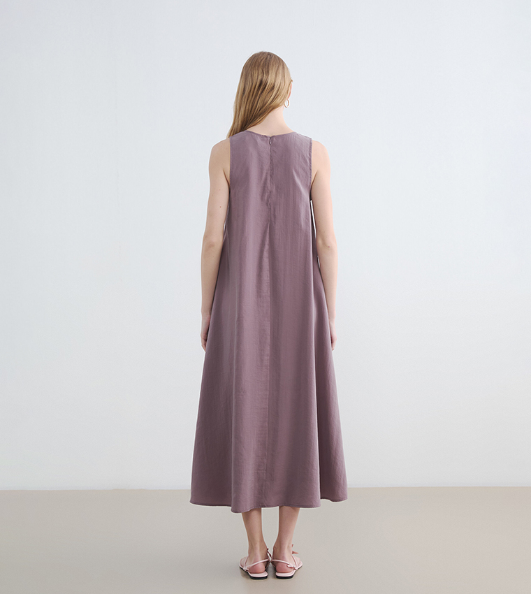 Pocket Detail Sleeveless Crew Neck A-Line Midi Dress