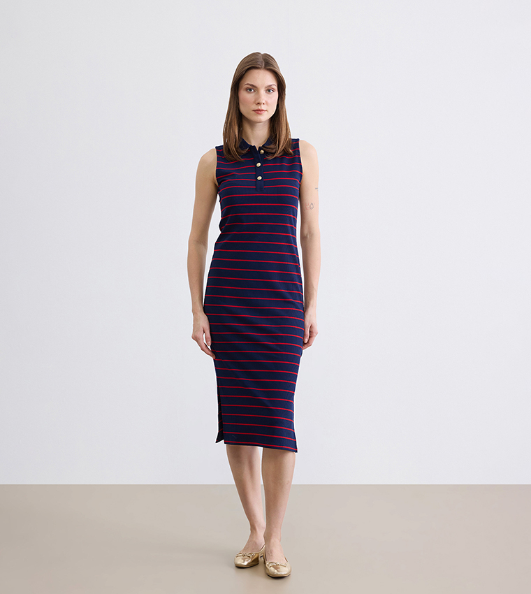 Striped Gold Button Polo Collar Sleeveless Bodycon Midi Dress