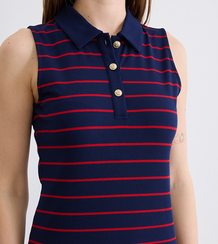 Striped Gold Button Polo Collar Sleeveless Bodycon Midi Dress
