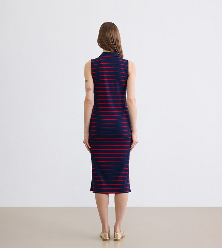 Striped Gold Button Polo Collar Sleeveless Bodycon Midi Dress
