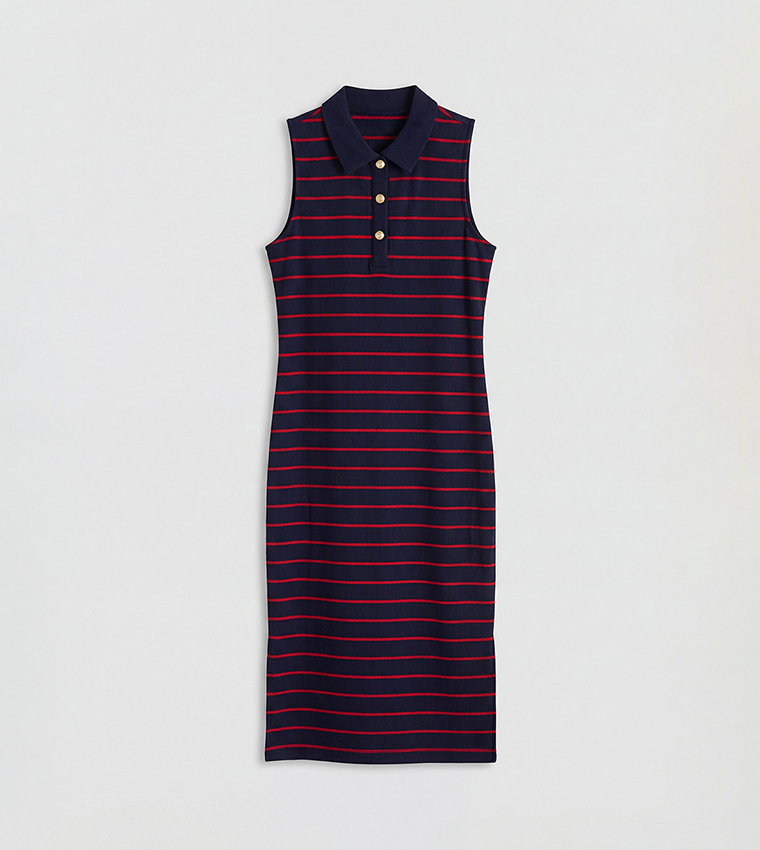 Striped Gold Button Polo Collar Sleeveless Bodycon Midi Dress