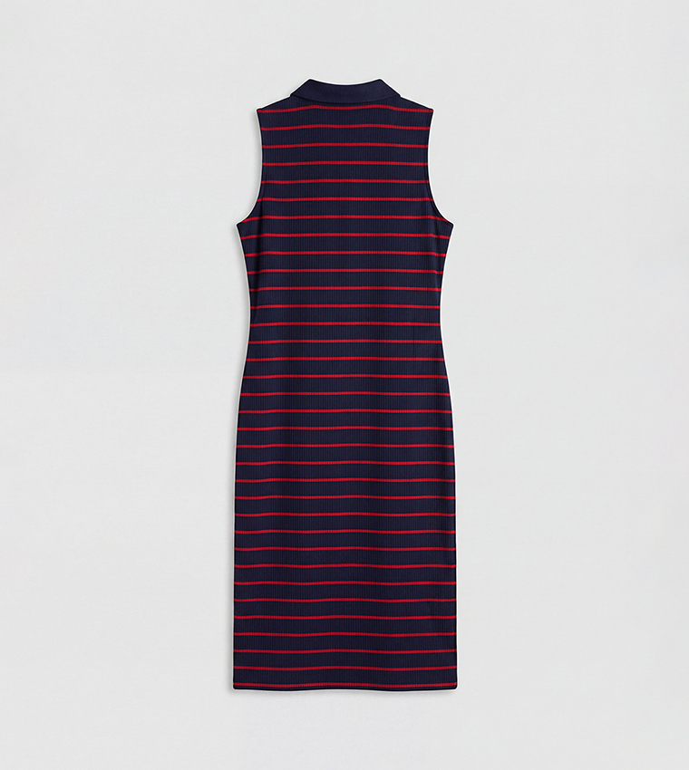 Striped Gold Button Polo Collar Sleeveless Bodycon Midi Dress