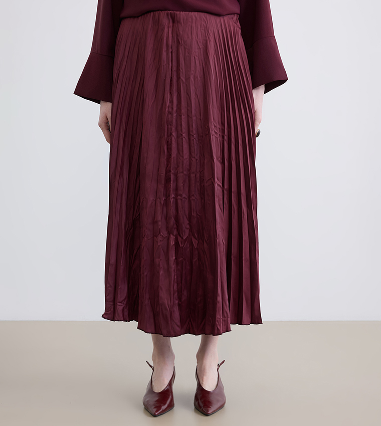 Pleated Elastic Waist Satin Maxi Skirt