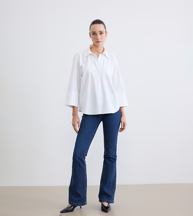 Solid 3/4 Sleeves Poplin Shirt