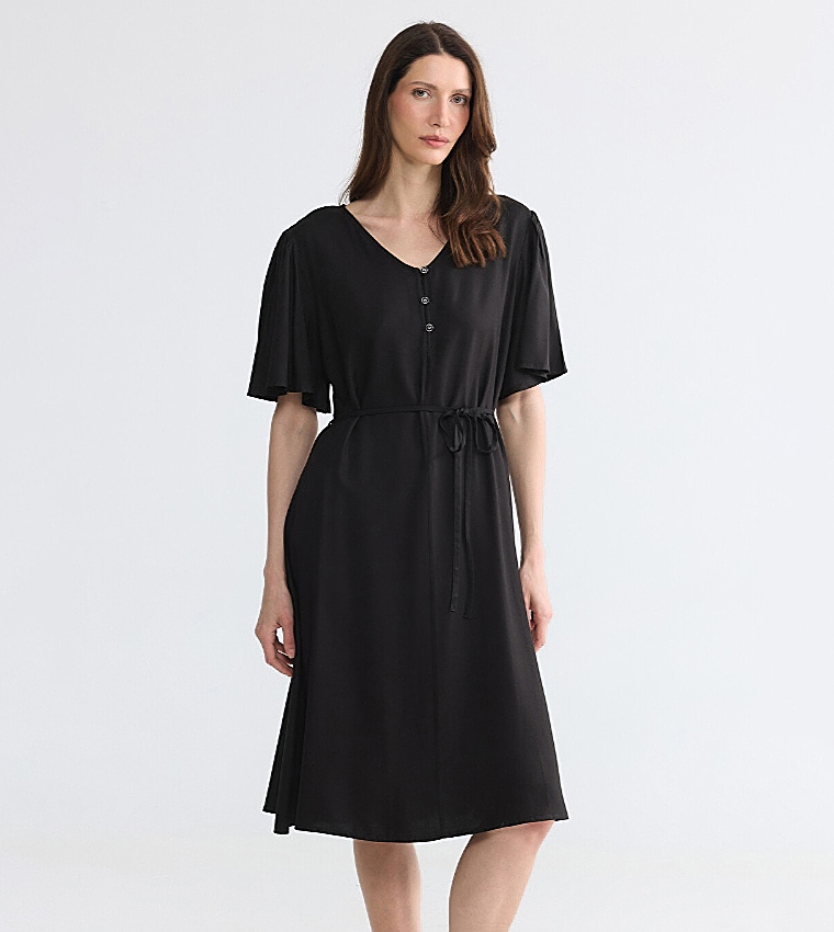 V-Neck Waist Sashed Midi Dress