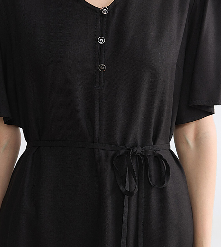 V-Neck Waist Sashed Midi Dress
