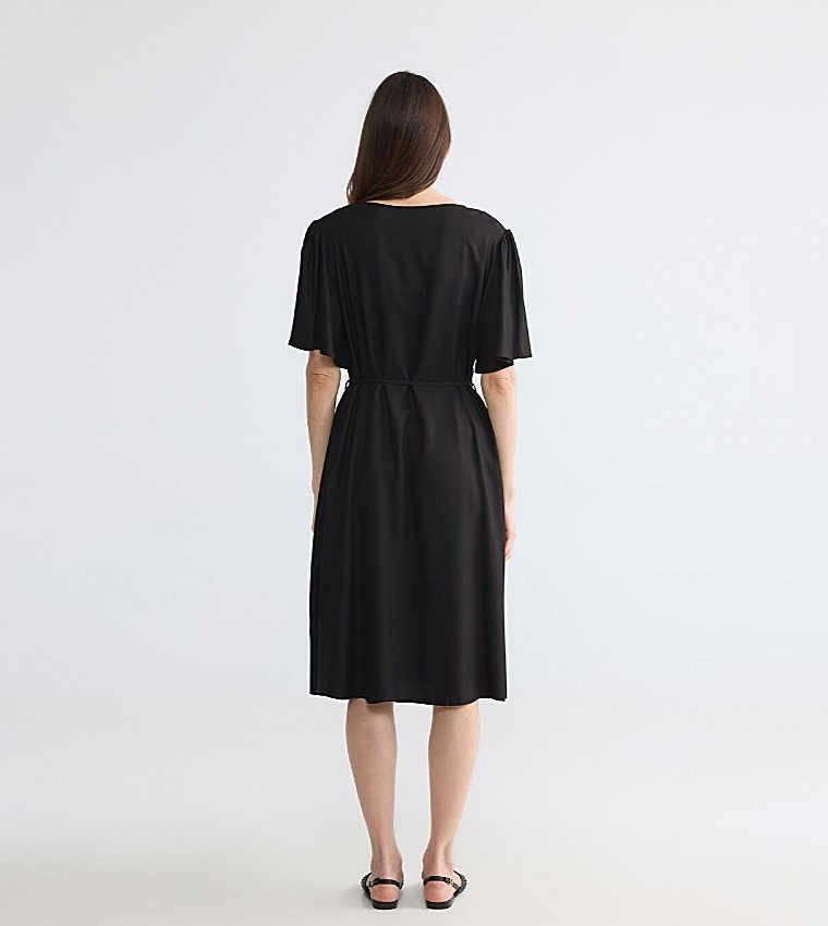 V-Neck Waist Sashed Midi Dress