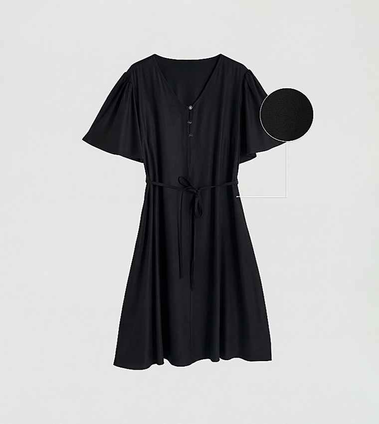 V-Neck Waist Sashed Midi Dress
