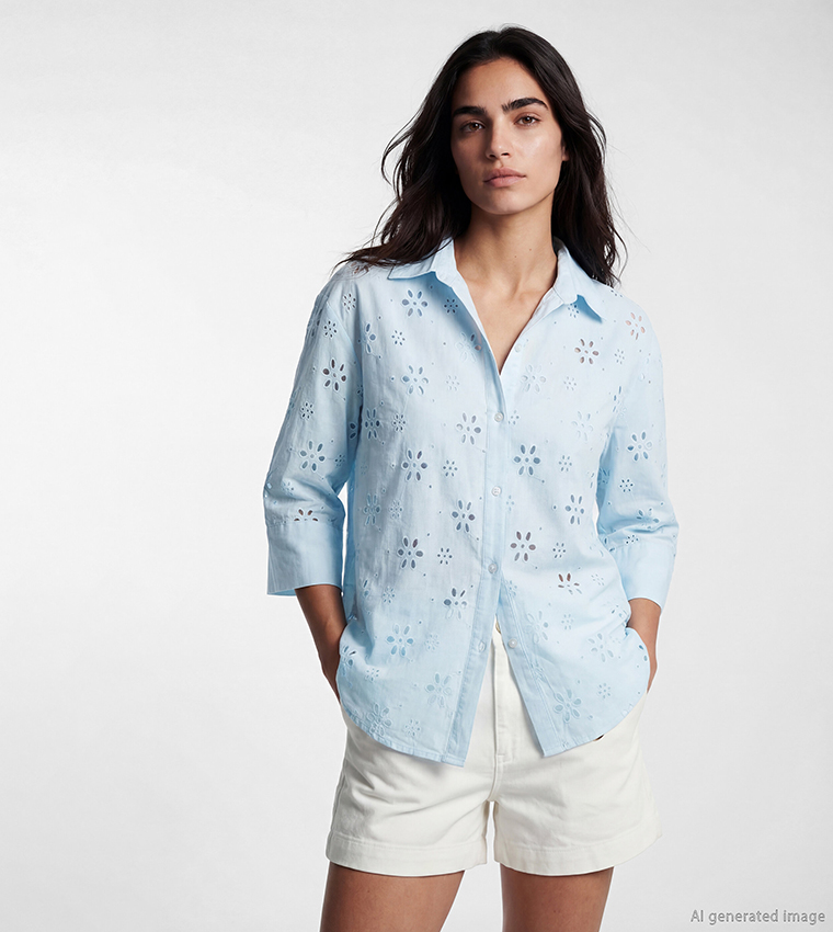 Openwork 3/4 Sleeves Oversized Shirt