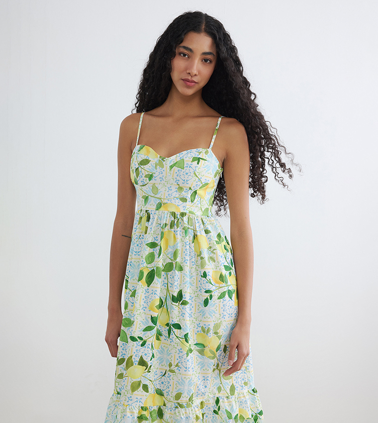 Lemon Tropical Print Sweetheart Neck Sleeveless Tiered Dress