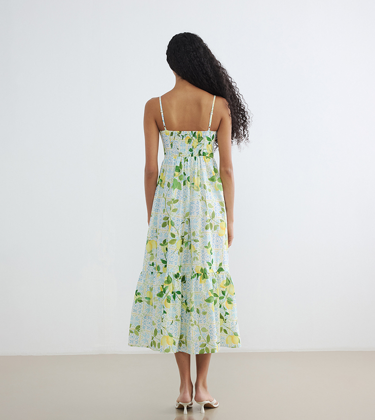 Lemon Tropical Print Sweetheart Neck Sleeveless Tiered Dress