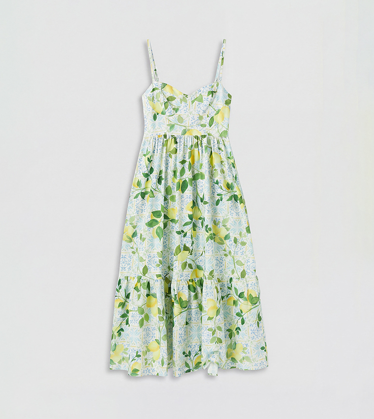 Lemon Tropical Print Sweetheart Neck Sleeveless Tiered Dress