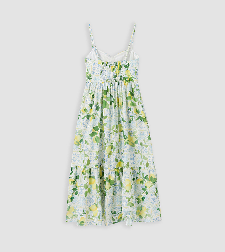 Lemon Tropical Print Sweetheart Neck Sleeveless Tiered Dress