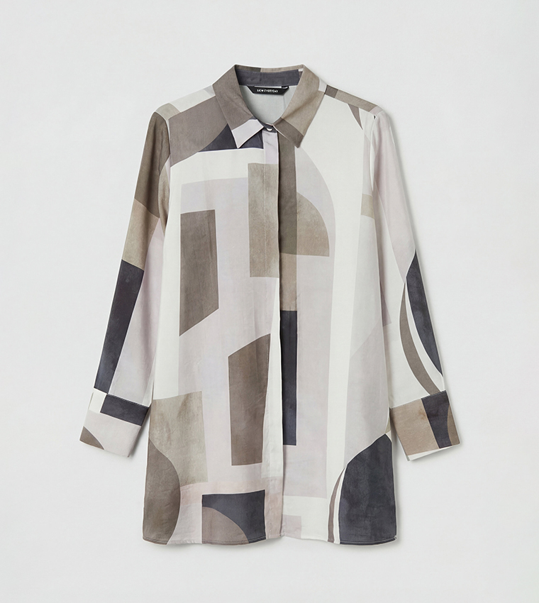 Geometric Print Long Sleeves Collared Tunic