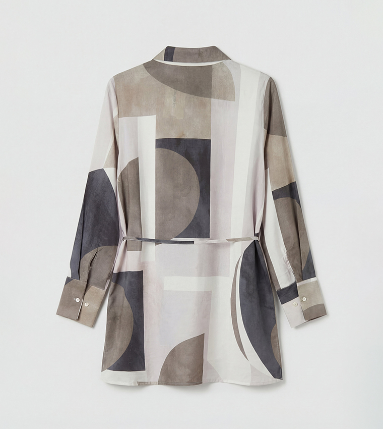 Geometric Print Long Sleeves Collared Tunic