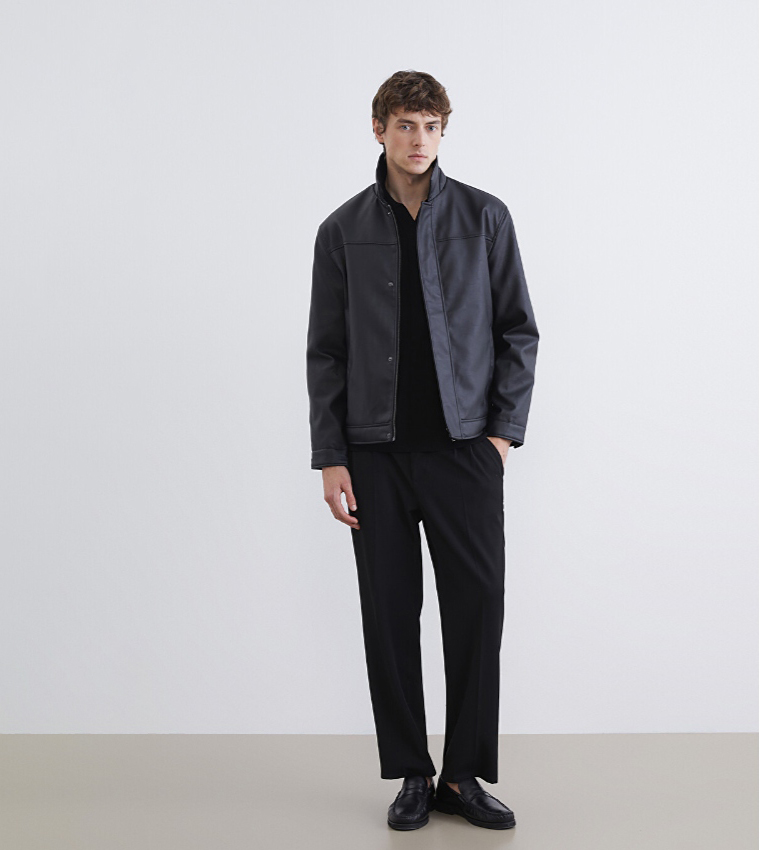 Solid Zipper Collared Casual Jacket