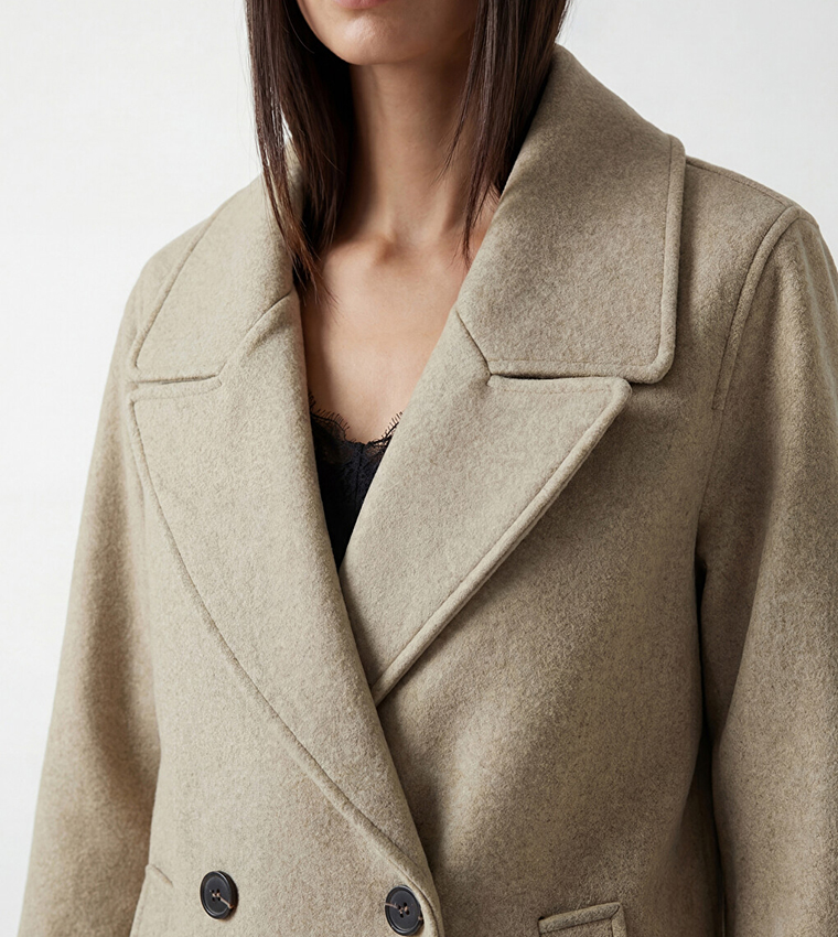 Solid Double-Breasted Lapel Collar Overcoat