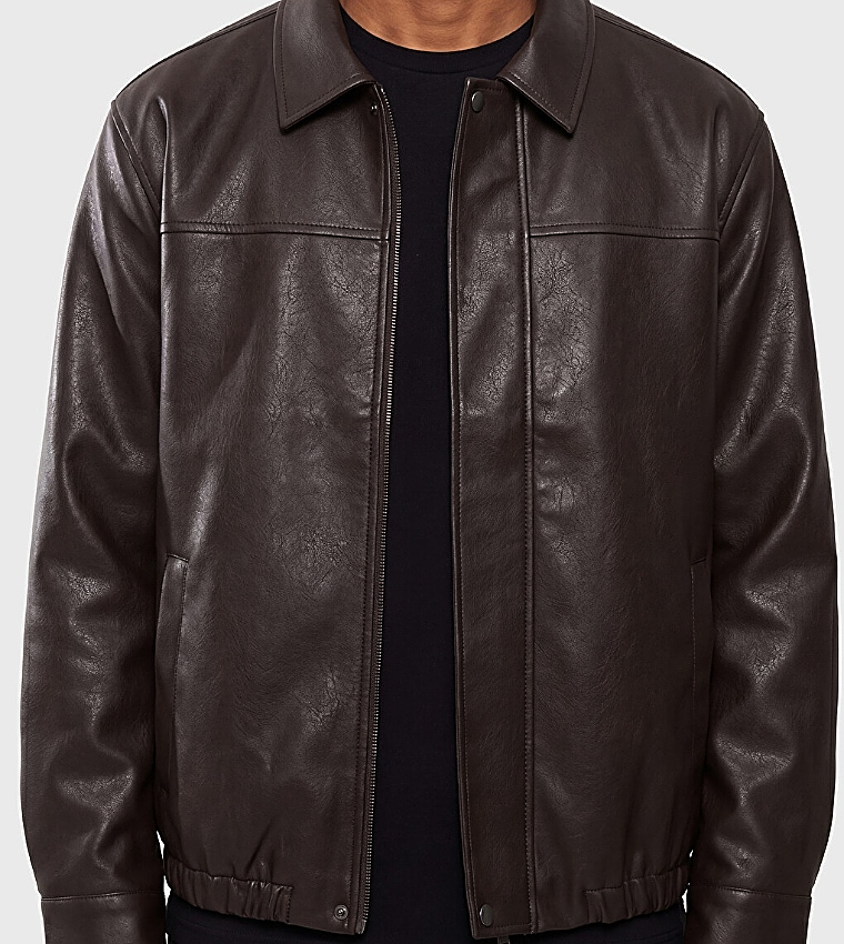 Solid Zip Closure Leather Jacket