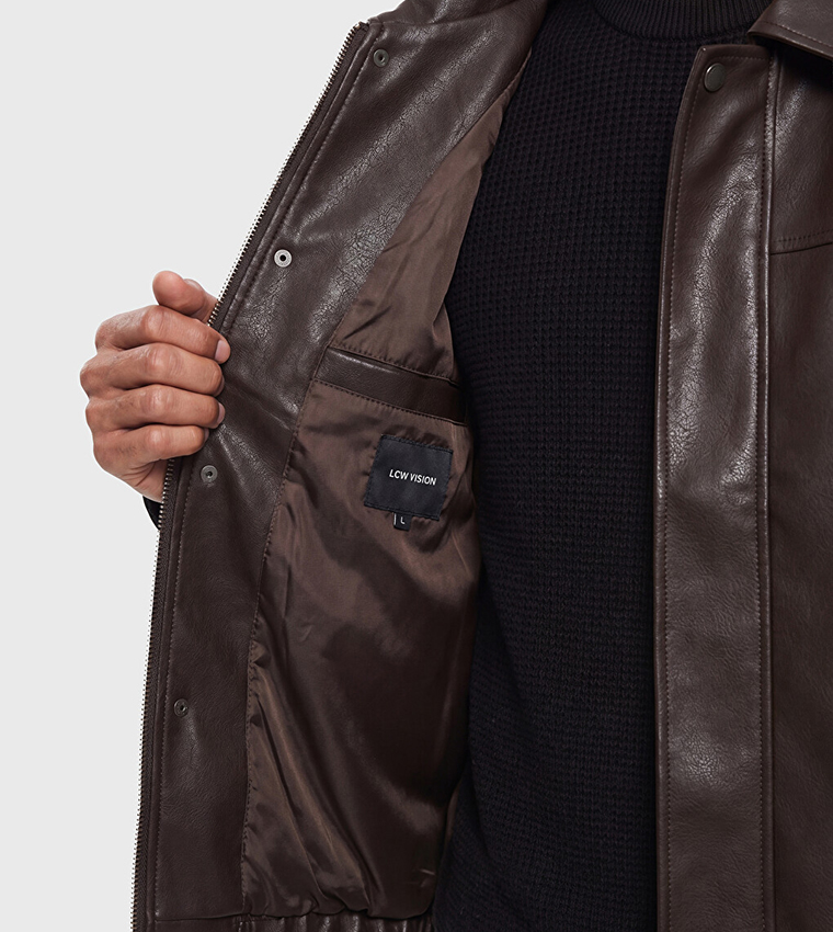 Solid Zip Closure Leather Jacket