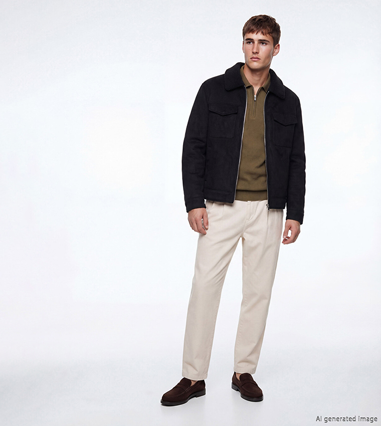 Solid Shearling Collar Zip Casual Jacket