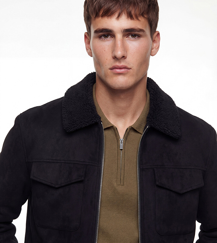 Solid Shearling Collar Zip Casual Jacket