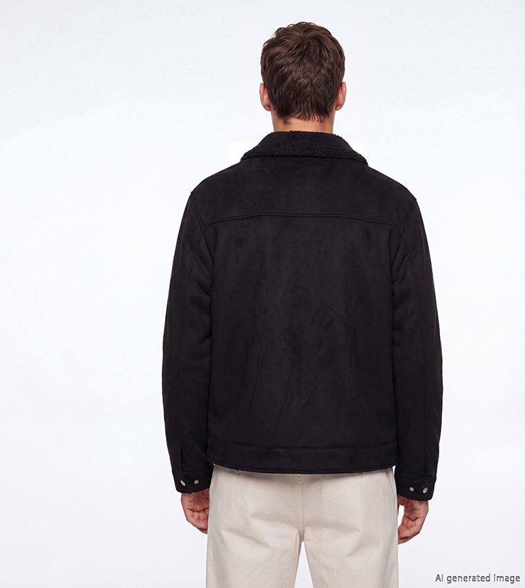 Solid Shearling Collar Zip Casual Jacket