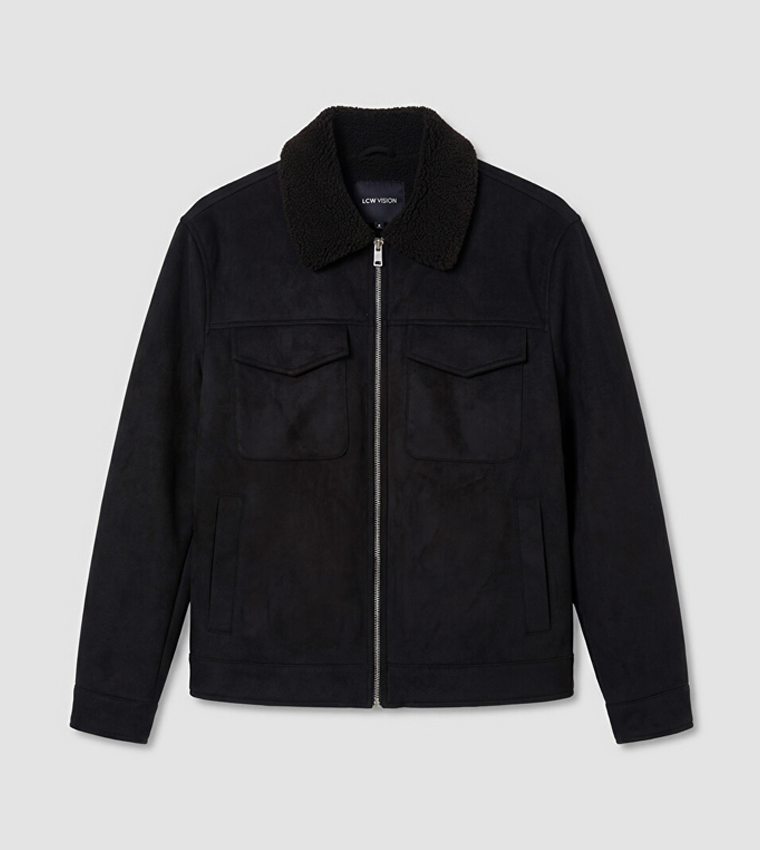 Solid Shearling Collar Zip Casual Jacket