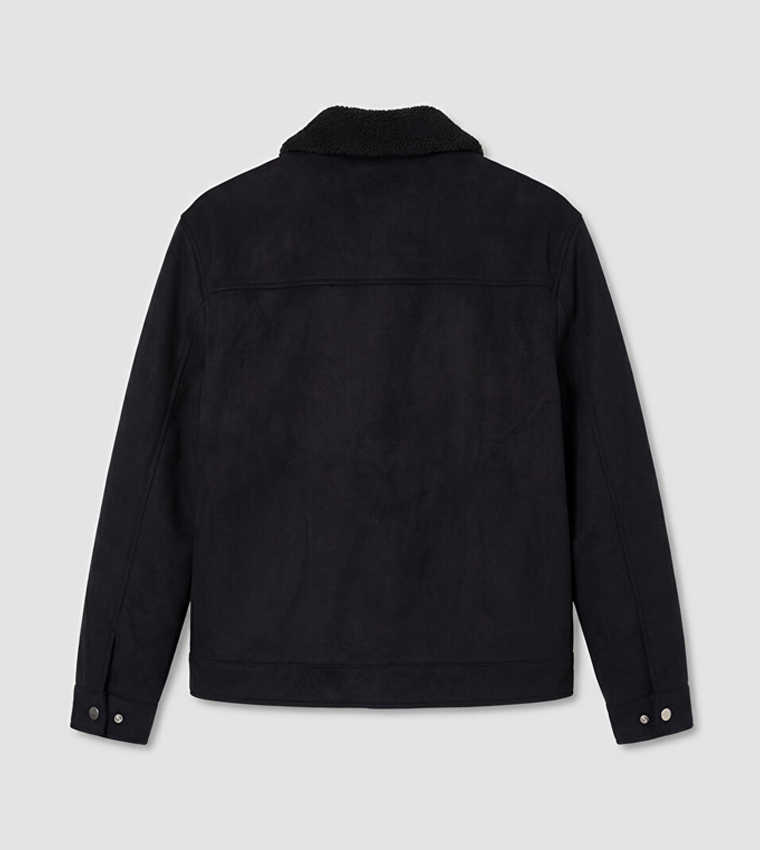 Solid Shearling Collar Zip Casual Jacket