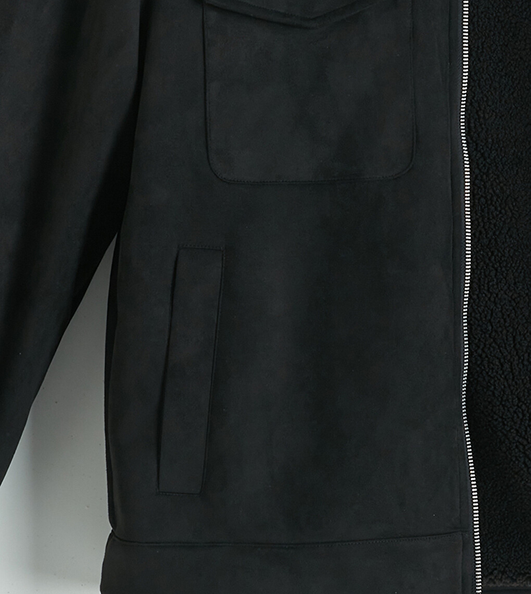 Solid Shearling Collar Zip Casual Jacket